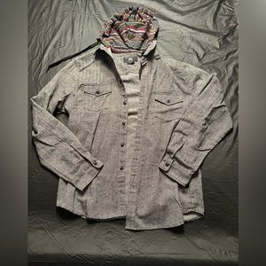 Large Gray Button Up Jacket with Multicolored Hood
